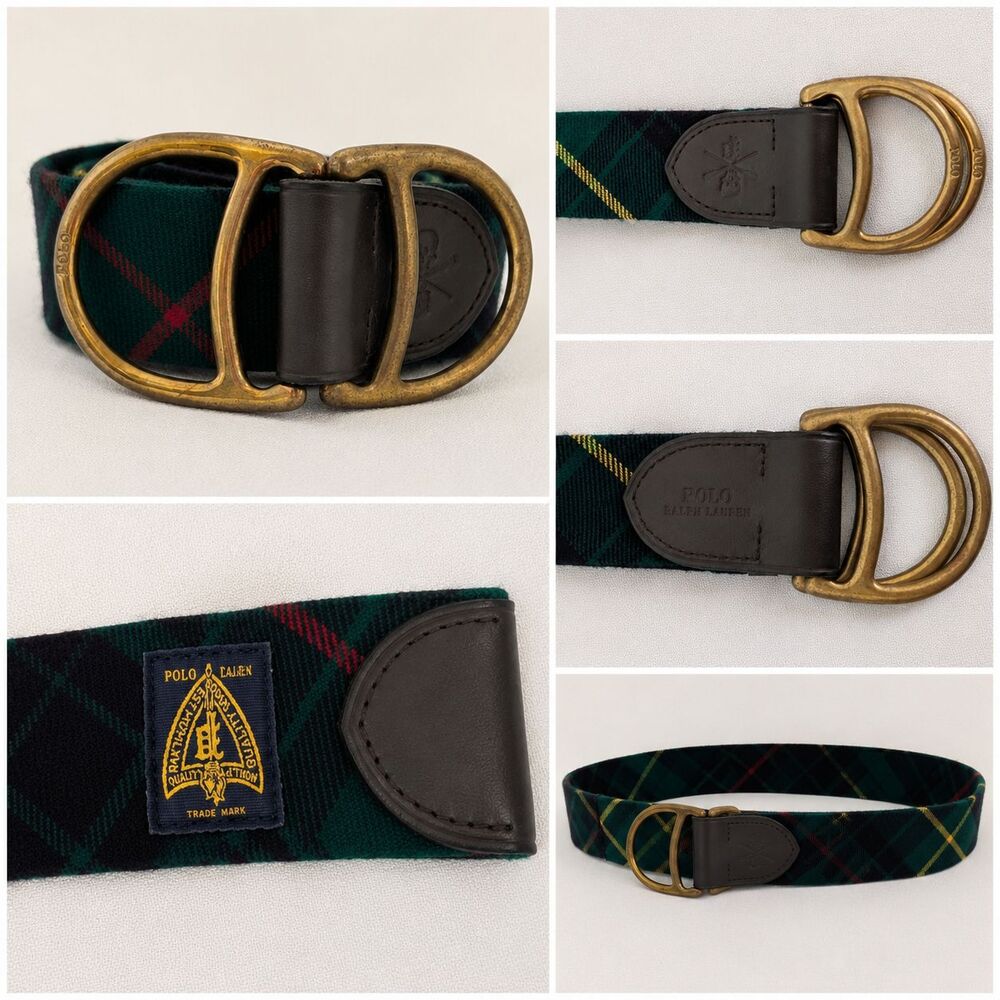 Polo Ralph Lauren Plaid Tartan Belt Green Red Brown Leather Brass Double Size 34
